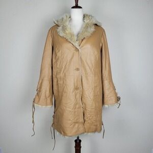 Via Accent Jacket Women 16W Tan Leather Faux Fur Fringe Boho Afghan Penny Lane